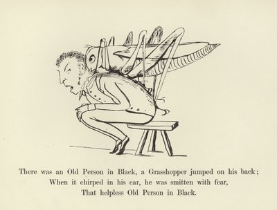 Det var en gammel person i svart, en gresshoppe hoppet på ryggen hans av Edward Lear
