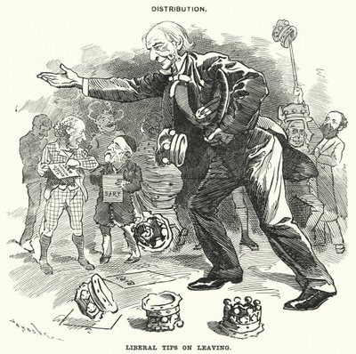 Punch tegneserie: Distribusjon. Liberale tips om å forlate (gravering) av Edward Linley (after) Sambourne