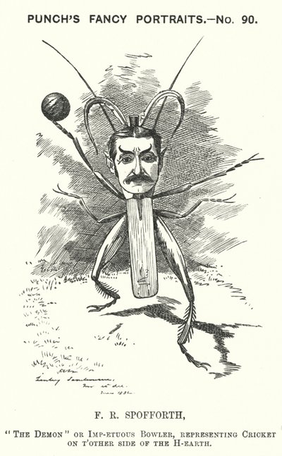 Punch tegneserie: Fred Spofforth, australsk cricketspiller (gravering) av Edward Linley (after) Sambourne