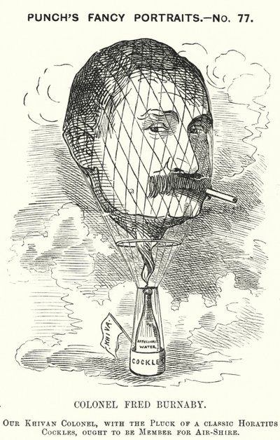 Punch tegneserie: Frederick Burnaby, britisk hærs etterretningsoffiser og ballongfarer (gravering) av Edward Linley (after) Sambourne