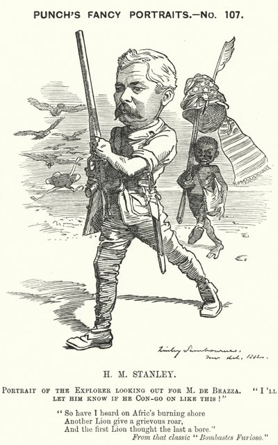 Punch tegneserie: Henry Morton Stanley, walisisk journalist og oppdagelsesreisende (gravering) av Edward Linley (after) Sambourne