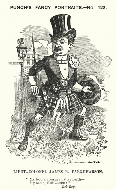 Punch tegneserie: James Ross Farquharson, skotsk soldat (gravering) av Edward Linley (after) Sambourne