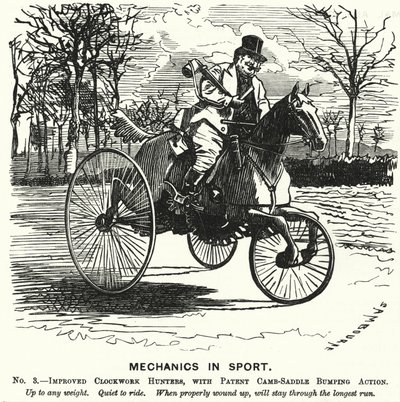 Punch tegneserie: Mechanics in Sport. No 3. - Forbedrede Clockwork Hunters, med Patent Camb-Saddle Bumping Action (gravering) av Edward Linley (after) Sambourne