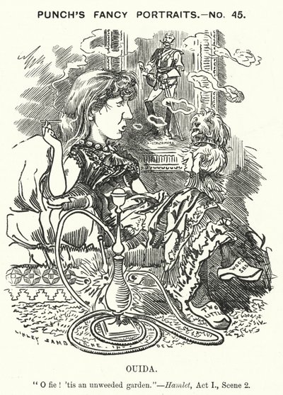 Punch tegneserie: Ouida (Maria Louise Rame), engelsk forfatter (gravering) av Edward Linley (after) Sambourne