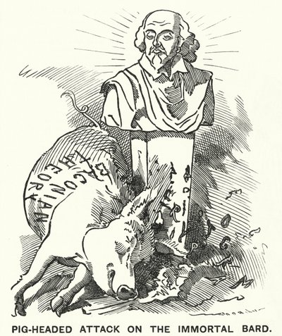 Punch tegneserie: Pig-headed Attack on the Immortal Bard - teorien om at William Shakespeares skuespill faktisk ble skrevet av Sir Francis Bacon (gravering) av Edward Linley (after) Sambourne