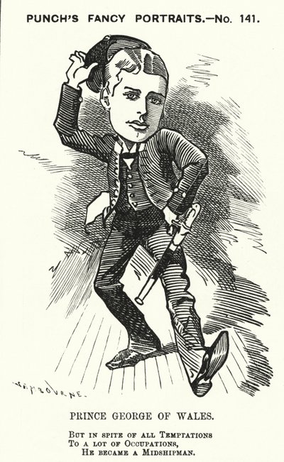 Punch tegneserie: Prins George av Wales, den fremtidige kong George V, som midtskipsmann i Royal Navy (gravering) av Edward Linley (after) Sambourne