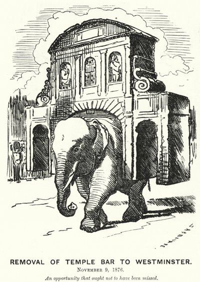 Punch tegneserie: Fjerning av Temple Bar til Westminster (gravering) av Edward Linley (after) Sambourne