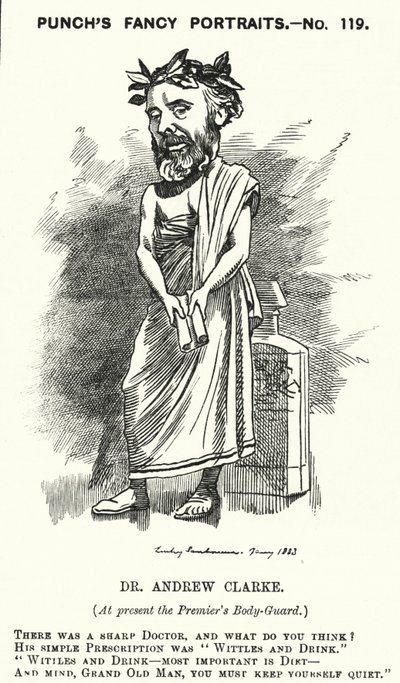Punch tegneserie: Sir Andrew Clarke, britisk lege, lege til William Ewart Gladstone (gravering) av Edward Linley (after) Sambourne