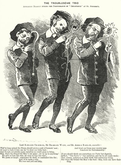 Punch tegneserie: The Troublesome Trio: Lord Randolph Churchill, Henry Drummond Wolff og Ellis Ashmead-Bartlett, britiske konservative politikere (gravering) av Edward Linley (after) Sambourne