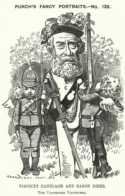 Punch tegneserie: Thomas Heron Jones, 7. Viscount Ranelagh og Baron Jones av Navan, promotør for frivilligbevegelsen for den britiske hæren (gravering) av Edward Linley (after) Sambourne