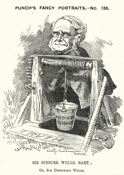 Punch tegneserie: Thomas Spencer Wells, engelsk lege, kirurg til dronning Victoria (gravering) av Edward Linley (after) Sambourne