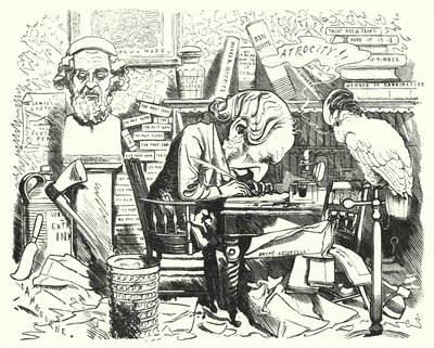 Punch tegneserie: forfatter på jobb i arbeidsrommet hans (gravering) av Edward Linley (after) Sambourne