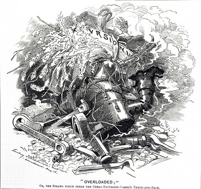 Tegneserie med tittelen "Overloaded"; eller halmen som knuste kamelens rygg av Edward Linley Sambourne
