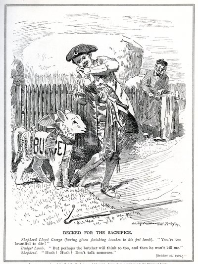 Lloyd George forbereder seg på å sende "kjæledyrlammet" sitt, "People's Budget", for å bli ofret og drept av House of Lords, 1909 av Edward Linley Sambourne