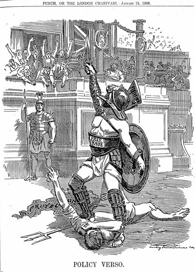 Med retur av den liberale regjeringen i Storbritannia, desember 1905, var frihandel politikken, snarere enn den konservative politikken for beskyttelse av tariff. Tegneserie av Edward Linley Sambourne fra Punch London 24. januar 1906 av Edward Linley Sambourne