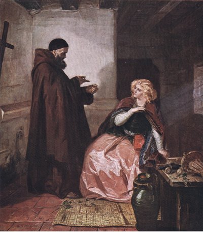Juliet og broren Laurence (Romeo og Julie) Ta du hetteglasset, mens du så er i sengen, og denne destillerte brennevinsdrikken, fra puben The Complete Works of William Shakespeare. av J Coker & Co Ltd (c. av Edward Matthew Ward