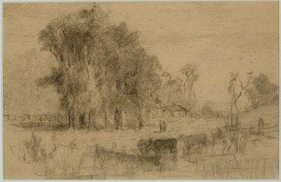 Landskap, robåt og kyr (#57) C. 1880 (grafitt på papir) av Edward Mitchell Bannister