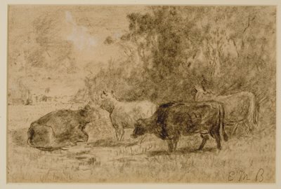 Landskap med fire kyr, ca. 1880-tallet (kull på papir) av Edward Mitchell Bannister