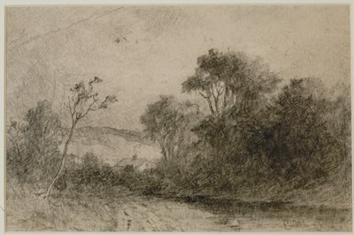Landskap med tak bak trær (#49) c. 1880-tallet (grafitt på papir) av Edward Mitchell Bannister