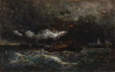 Squall, Brenton Lettbåt i storm, fyr i bakgrunnen, n.d. av Edward Mitchell Bannister