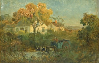 The Drinking Pool man in cart with oxen at pool, 1895.    1180426   no       norwegian Successfully Translated  Original: Man met ezel in een landschap Translat: Man met ezel in een landschap 1331569 no norwegian Successfully Translated Original: Veduta de av Edward Mitchell Bannister