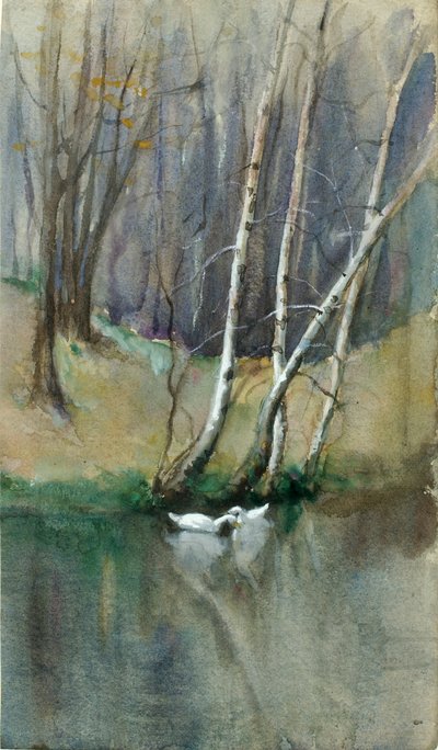 Uten tittel Trescene med bjørketrær og ender, n.d. av Edward Mitchell Bannister
