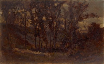 Uten tittel skogscene, falt tre i forgrunnen og hus i bakgrunnen, 1873. av Edward Mitchell Bannister