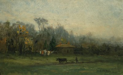 Uten tittel landskap med mann som pløyer åker, n.d. av Edward Mitchell Bannister