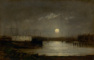 Unavngitt måne over en havn, bryggescene med fullmåne og master av båter, ca. 1868. av Edward Mitchell Bannister