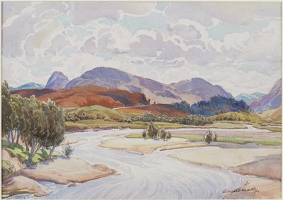 On the Spey (blyant og akvarell på papir) av Edward Mossforth Neatby