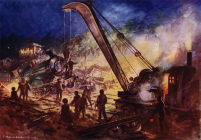 Kran fjerner vrak fra åstedet for en jernbaneulykke (farge litho) av Edward Parick Kinsella