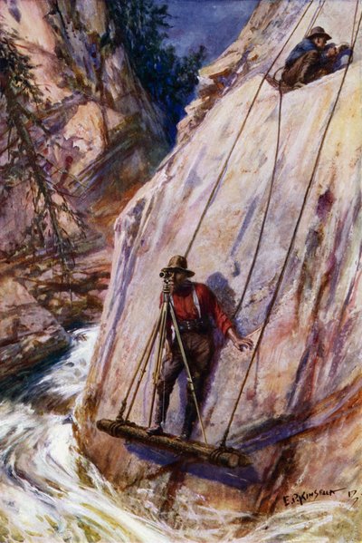 Jernbanemålere som utfører usikkert arbeid på ruten til en fjelljernbane (farge litho) av Edward Parick Kinsella