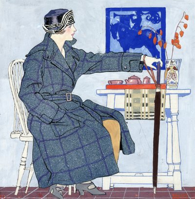 En ung kvinne som sitter ved siden av et bord og holder en paraply av Edward Penfield