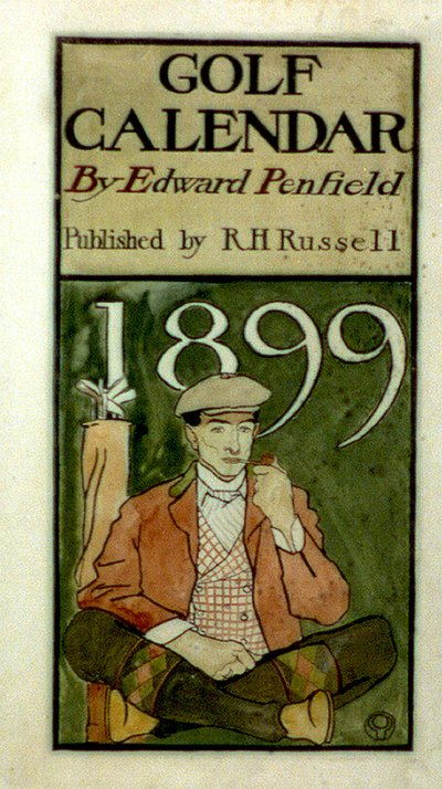 Golfspiller som sitter ved køller og tegner i akvareller. (1899?) av Edward Penfield 1866-1925, amerikansk kunstner. av Edward Penfield
