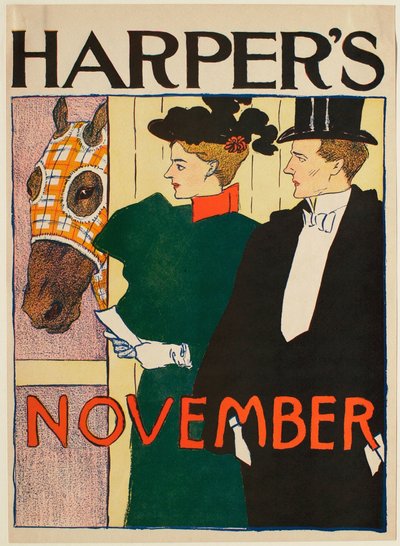 Dame og herre utenfor hesteboks, november Harper