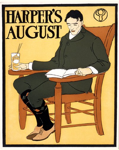 Mann sittende i oransje stol, hos August Harper av Edward Penfield