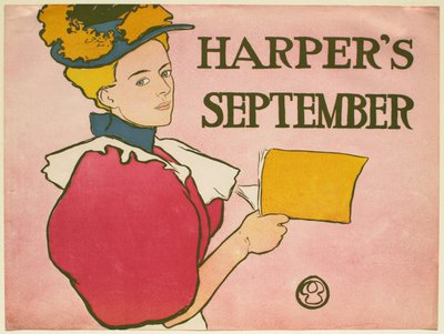 Ung kvinne i mørk rosa kjole som holder et nummer av Harper