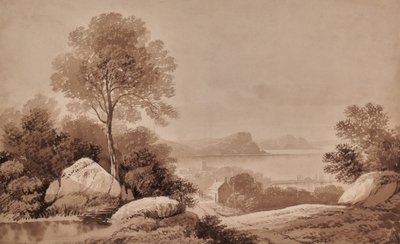 Landskap med innsjø og hytte av Edward Pretty