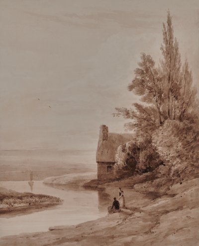 Vannlandskap med figurer og en liten båt av Edward Pretty