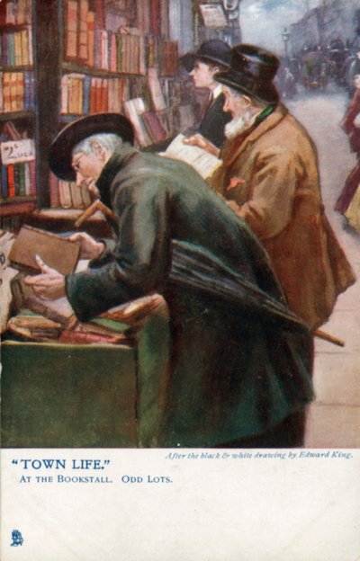 Town Life: kunder som surfer i en bokbod (farge litho) av Edward R. King