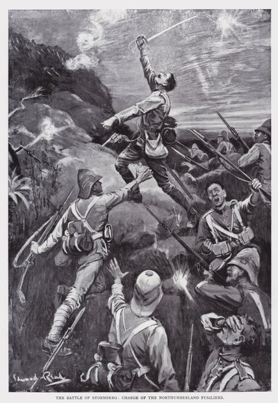 Slaget ved Stormberg, anklage for Northumberland Fusiliers (litho) av Edward Read