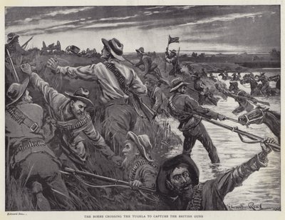Boerne krysser Tugela for å fange de britiske kanonene (litho) av Edward Read