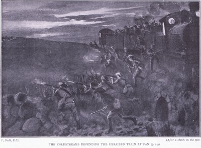 Coldstreams forsvarer et avsporet tog, illustrasjon fra After Pretoria: The Guerilla War, 1902 av Edward Read