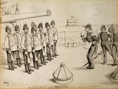 Uregistrert historie! Å fortelle marinesoldatene om bord på HMS Taradiddle besluttsomheten til Hennes Majestets regjering - som en innrømmelse til fordommene til kontinentalmaktene - om å evakuere Egypt på et tidlig tidspunkt: sannsynligvis den første apri av Edward Tennyson Reed