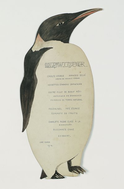 Meny i form på en keiserpingvin, for Midvinterdagsmiddagen, Cape Evans, 22. juni 1912 (penn og gouache på kort) av Edward W. Nelson