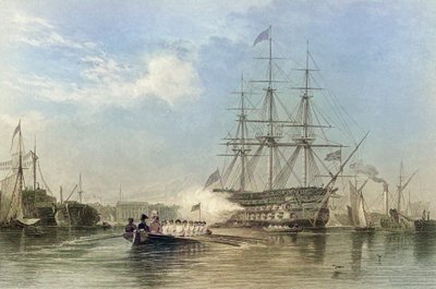 Den britiske marinens flaggskip hilser i Gosford havn, England. 1800-tallet (gravering) av Edward William (after) Cooke