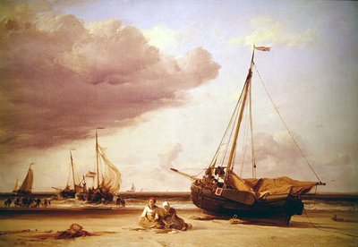 En strandscene (olje på lerret) av Edward William Cooke