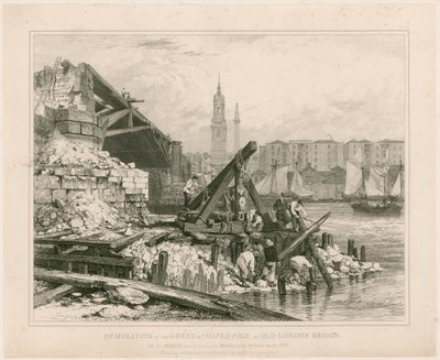 Riving av en del av Old London Bridge. mars 1832 av Edward William Cooke