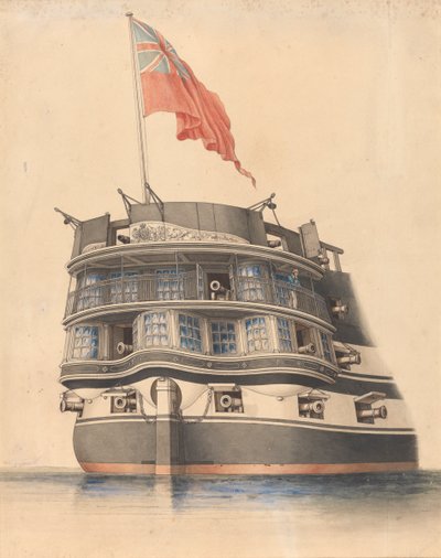 Detaljert visning av akterenden på HMS #39;Asia#39; med fenrik som flyr. av Edward William Cooke