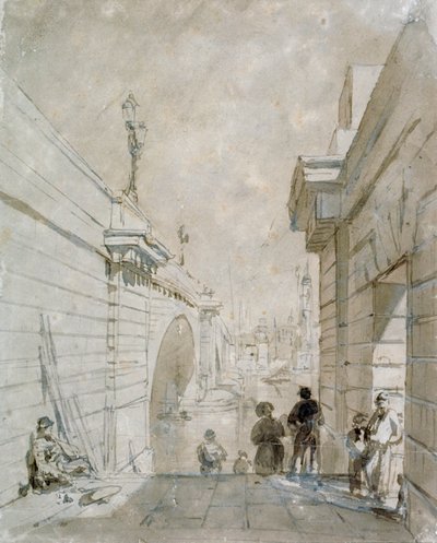 London Bridge ser nordover fra den øvre trappeavsatsen nær Tooley Street, 1833 av Edward William Cooke